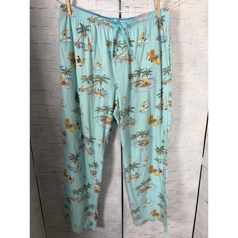 Nick & Nora Womens Pajama Pants Large Blue Tropical Hawaiian Hula Cotton Lounge